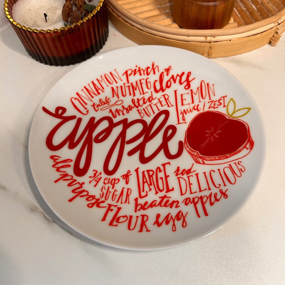Crate and Barrel Apple Recipe Dessert 8" Plate‎ Red White Baking Kitchenware